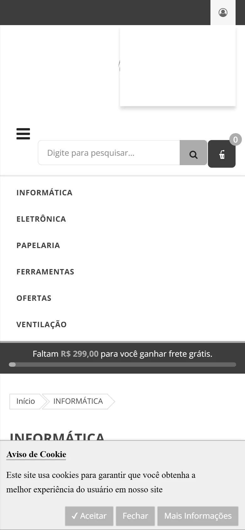 Primeira tela da loja antiga no celular: menu de categorias e aviso de cookies, sem produto visível.