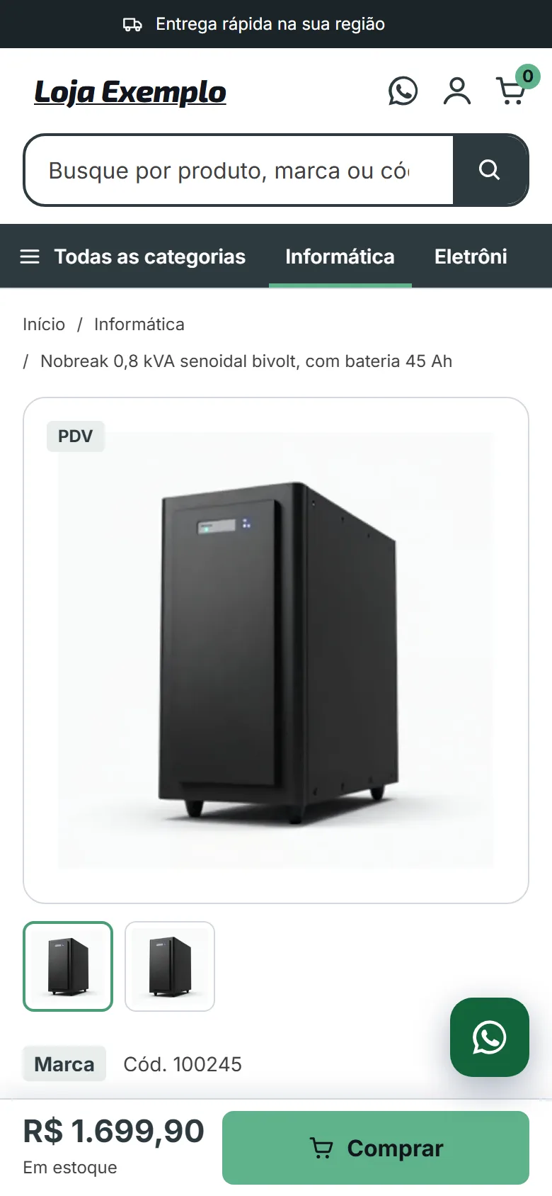Primeira tela da loja nova no celular: foto do produto, preço e botão de compra visíveis.