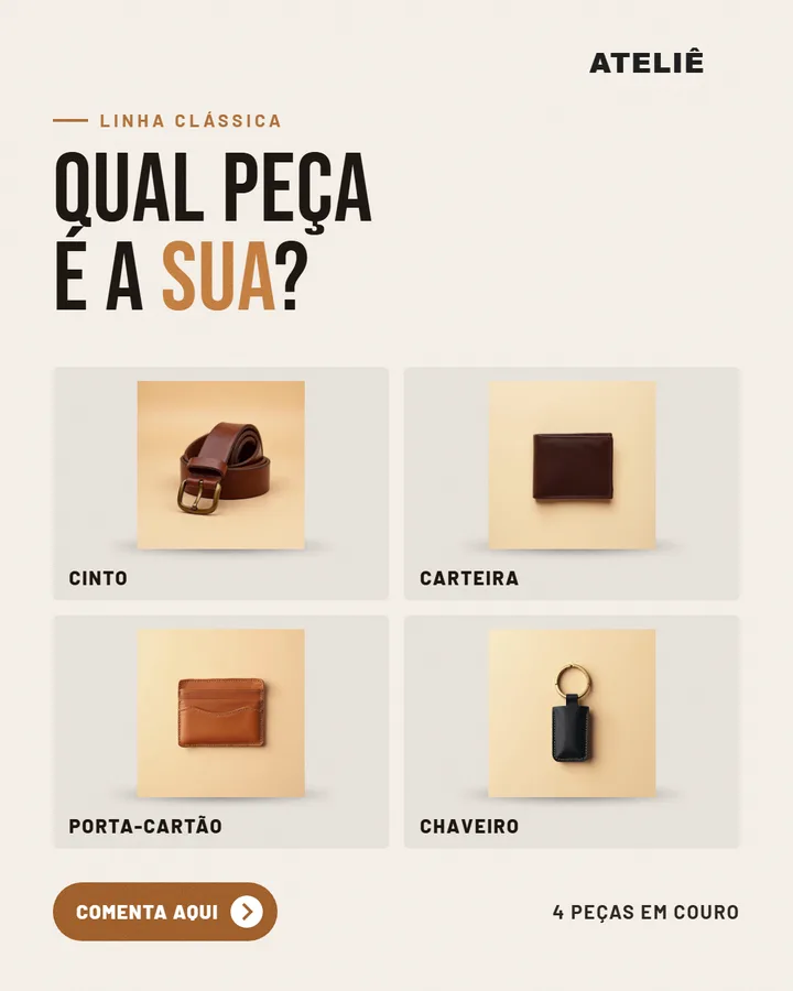 Peça em grade com quatro produtos de couro.